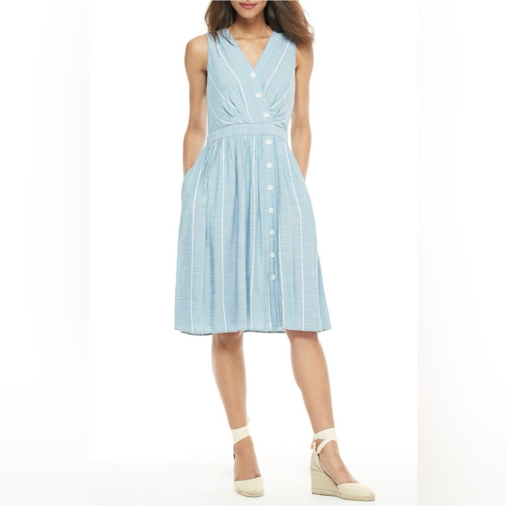 Gal Meets Glam Light Blue Striped V-Neck Midi Dress